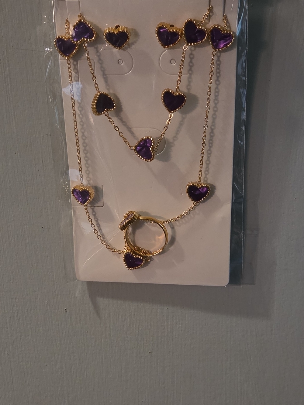 Gold-Tone Purple Heart Necklace and Ring Jewelry Set